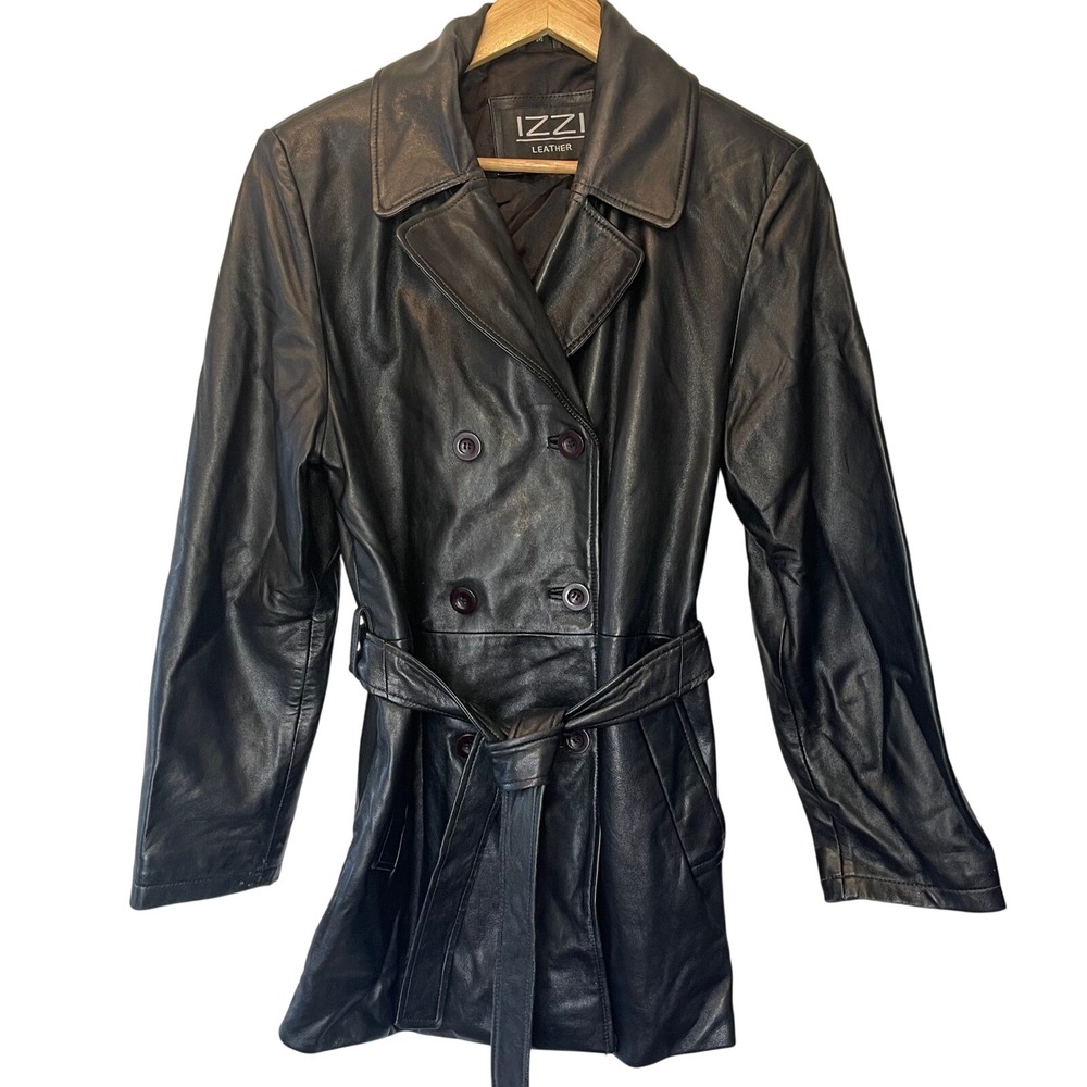 VTG 90s IZZI Leather Black Double Breasted Trench Coat Belted Jacket Womens Med‎